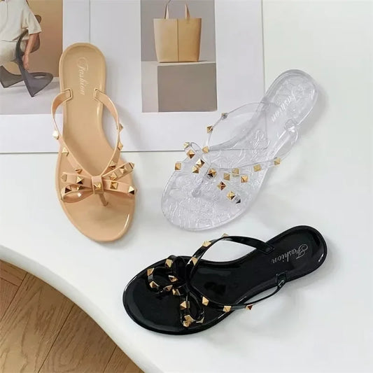 2025 Summer Women Slippers Bow Flip Flops Rivet Flats Sandals Outdoor Transparent Crystal Beach Shoes Female Open Toe Shoes
