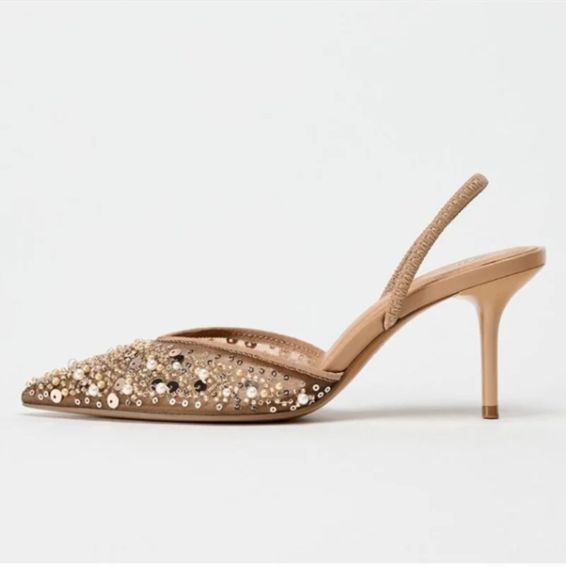 Luxury Designer Bling String Bead Mesh High Heels Women Sexy Pointy Toe Breathable Heeled Sandals Elegant Slingbacks Women Pumps