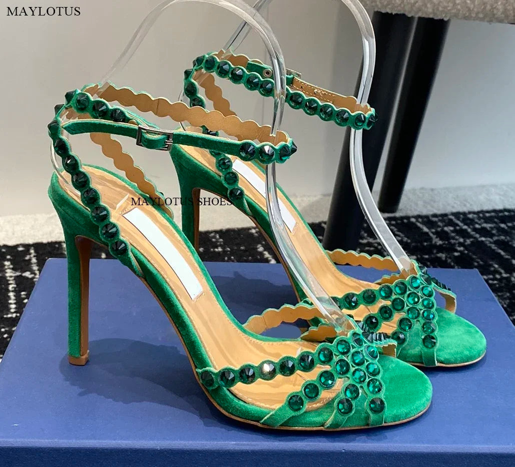 Snc Nude Peep Toe Crystal PVC Sandals Ankle Buckle Strap Thin High Heels Sandals Woman Summer Lady Stilettos Shoes on Heels