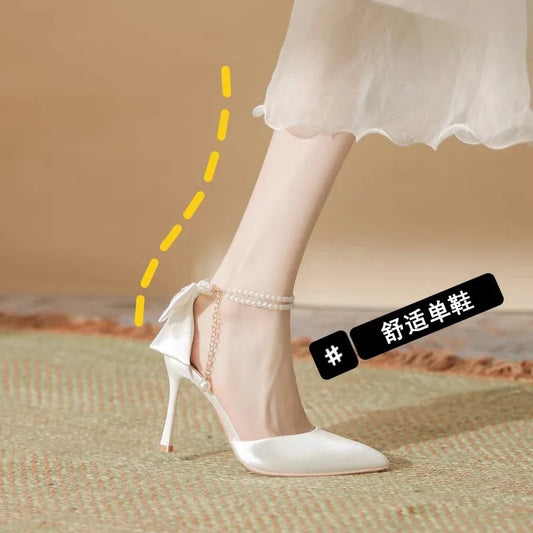 New Women Thin Heel Hollow Sandals Woman Pearl Butterfly Pointed Toe High Heels Pumps Womens Drees Shoes Wedding Shoes