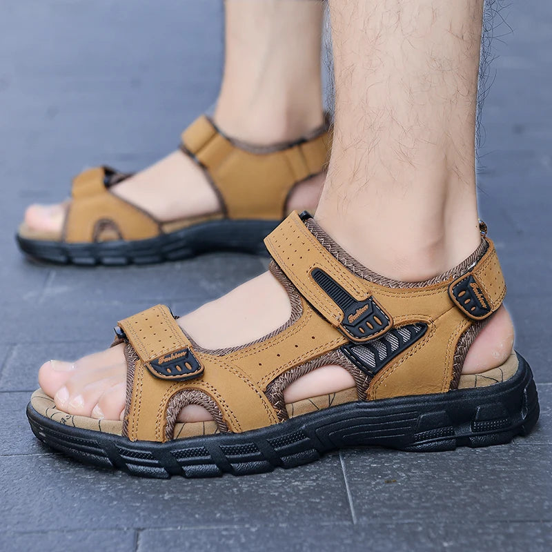 Summer Men's Leather Sandals Outdoor Resort Beach Shoes Soft Rubber Lightweight Hiking Shoes Anti-slip Wear-resistant Flip Flops