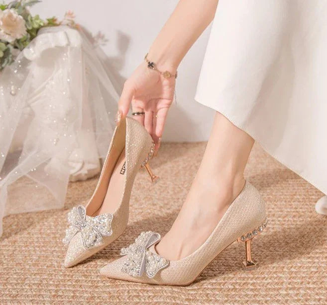 Pumps with Bow on Heeled Wedding Bride Shoe High Heels Shoes for Women Pointed Toe Woman PumpsLoafers Stilito Beau Today Lastest