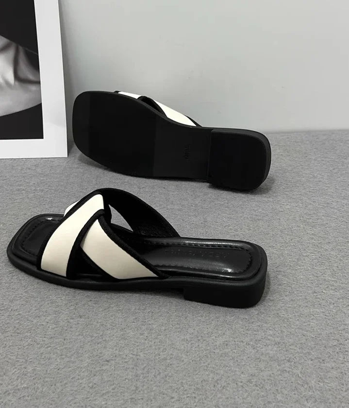Women's Slippers and Ladies Sandals Open Toe Low Heel Outside on Beach House Black Indoor Home Slides Shoes Off White Word Flat