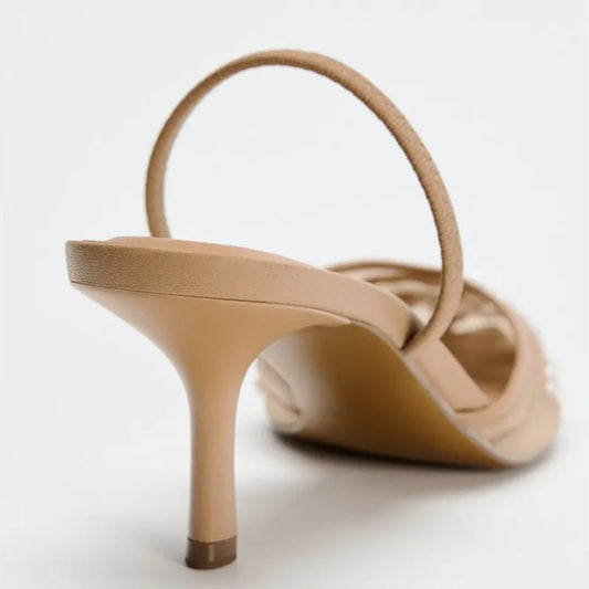 Luxury Mesh Embroidery High Heels Women Sexy Pointed Toe String Bead Slingback Heeled Sandals Summer Elegant Banquet Dress Shoes
