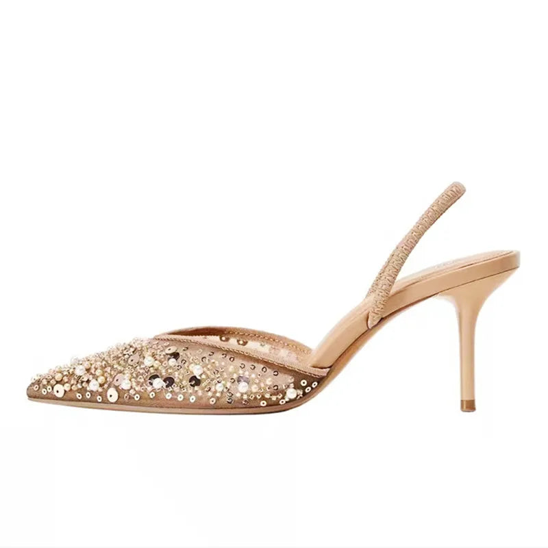 Luxury Designer Bling String Bead Mesh High Heels Women Sexy Pointy Toe Breathable Heeled Sandals Elegant Slingbacks Women Pumps