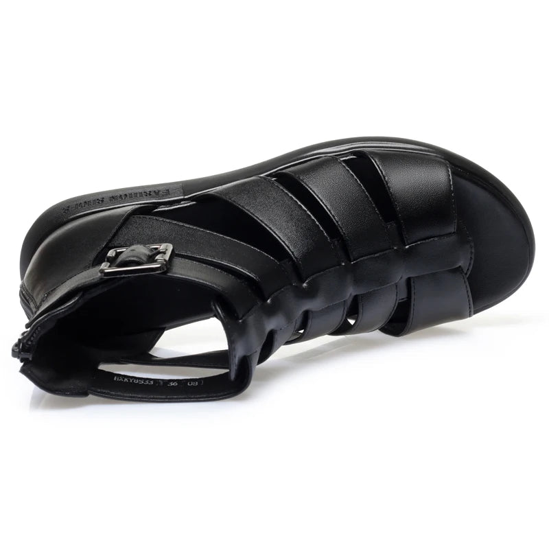 2024 New Women's Tennis Boots Flat Bottom Low Heel Hollow Cool Boots Summer Open Toe Genuine Leather Sandals Flat Shoes