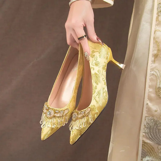 Pointed Toe with Crystals Rhinestone Wedding Bride Shoe Formal Woman Pumps Shoes for Women Diamond Medium Heels Casual Vacation