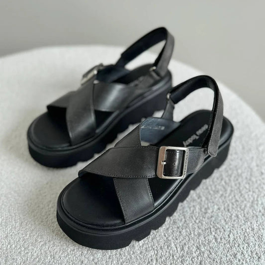 BEAUTODAY Platform Sandals Women Polished Cow Leather Open Toe Cross-tied Solid Metal Strap Summer Ladies Shoes Handmade 38250