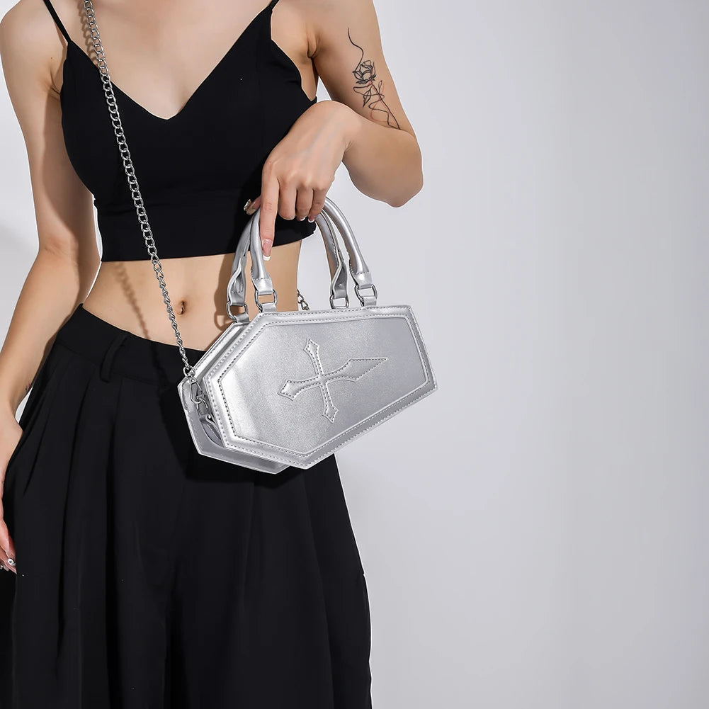 Women's Coffin Shaped Hobo Bag Halloween Chain Crossbody Bag PU Leather Top Handle Bag High Quality Handbags Fashion Sling Purse