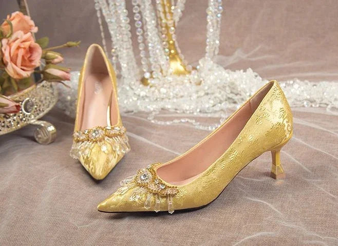 Pointed Toe with Crystals Rhinestone Wedding Bride Shoe Formal Woman Pumps Shoes for Women Diamond Medium Heels Casual Vacation