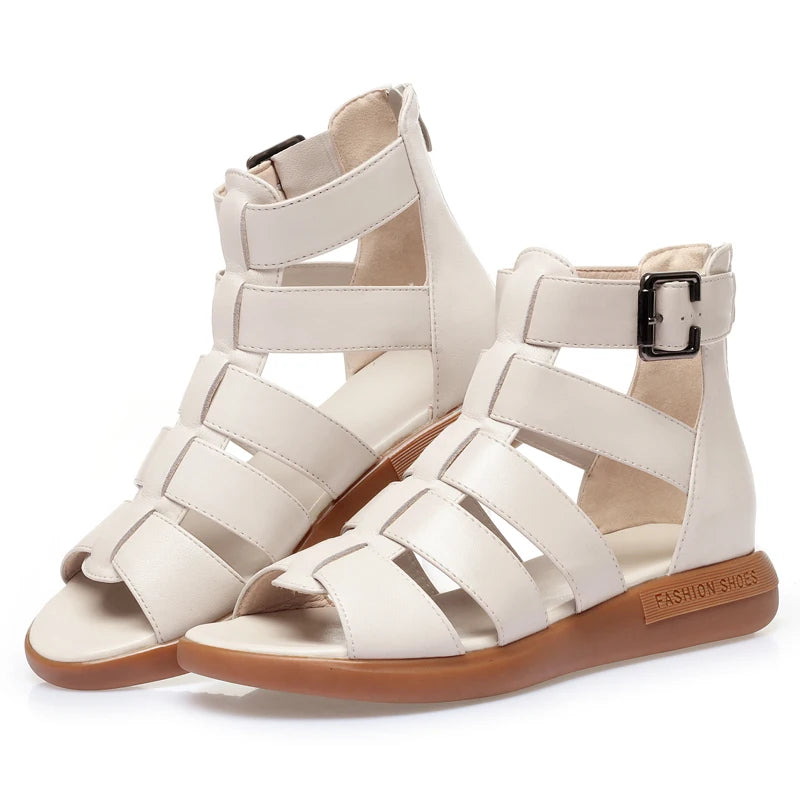 2024 New Women's Tennis Boots Flat Bottom Low Heel Hollow Cool Boots Summer Open Toe Genuine Leather Sandals Flat Shoes