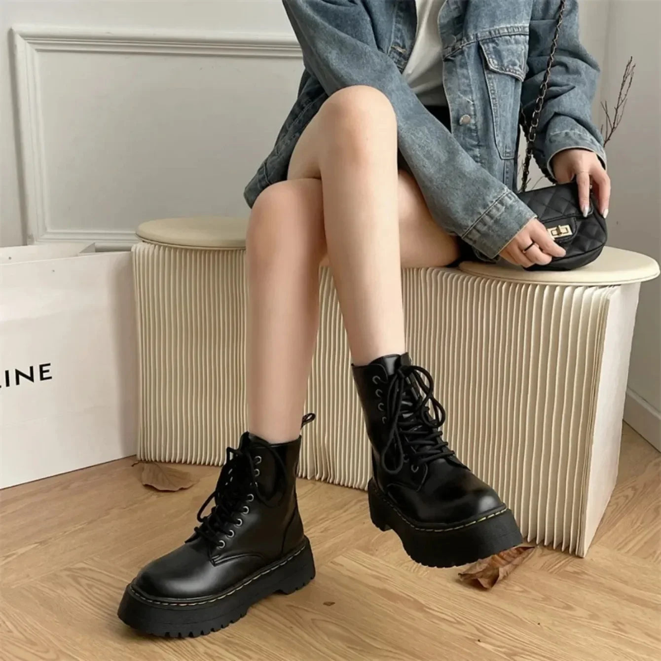 Women Boots Motorcycle Shoes Woman Leather Chelsea Ladie Classic Punk Female Goth Shoes High Platform Boots Women Botas Mujer