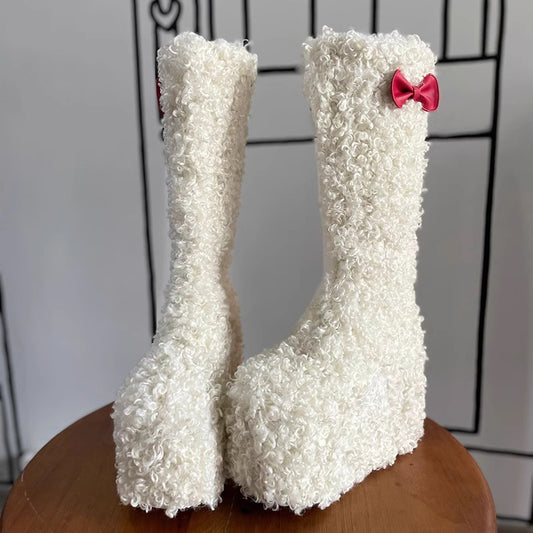Bow Thick Bottom Lamb Wool Boots Women - EnigmaParis
