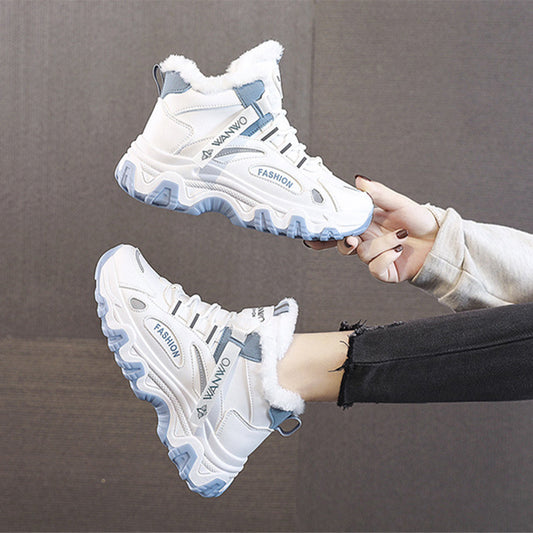 Fashion Black White Lace-up Sneakers Winter Warm All-match Plush Shoes Women Plus Velvet Fleece Flat High-top Sports Shoes - EnigmaParis