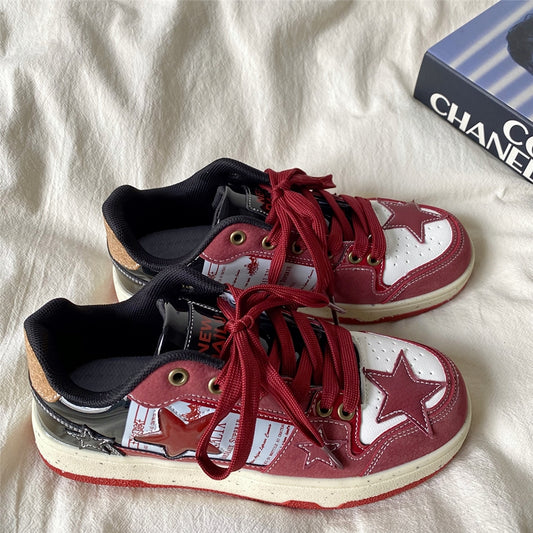 Small Group Wine Red Star Women's American Retro Board Shoes - EnigmaParis