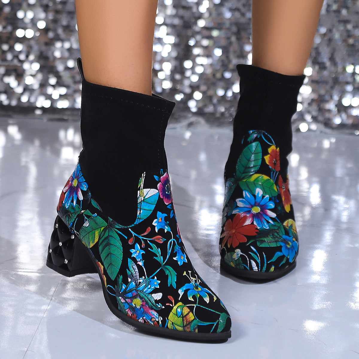 Printing Plus Velvet Wool Stretch Boots Mid Heel - EnigmaParis