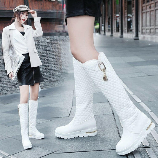 Large Size Mid Heel High Leg Boots with Metal Decoration.