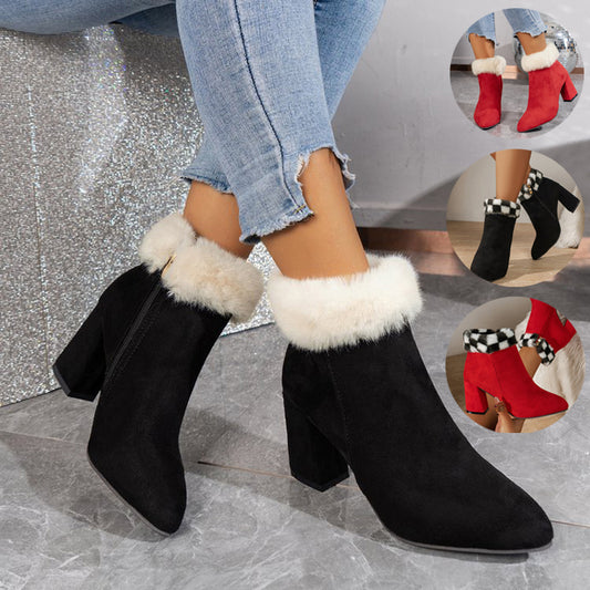 New Plaid Print Plush Ankle Boots Winter Fashoin Square Heel Suede Boots Women Casual Versatile Shoes Autumn And Winter - EnigmaParis
