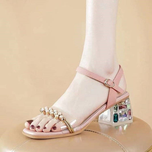 Women's Thick Heel Square Toe Leather Toe Mid Heel Sandals