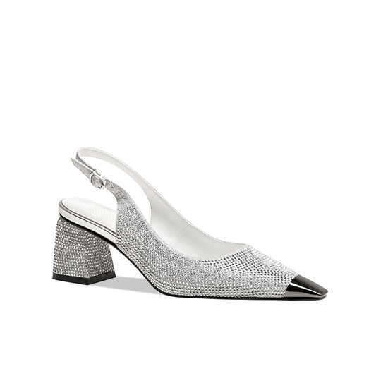 Rhinestone Mid-heel Toe Sandals Women's Chunky Heel Buckle