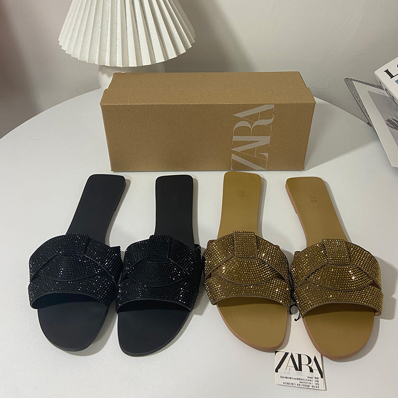 Stylish Rhinestone Flat Sandals: Open Toe, Perfect for Beach Wear - EnigmaParis