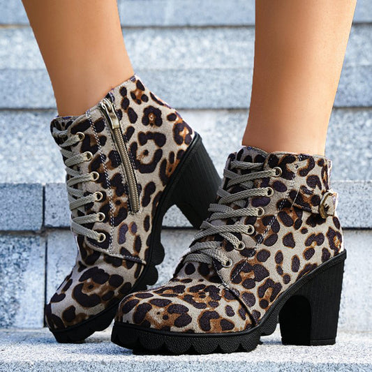 Fashoin Leopard Print Ankle Boots Winter Square Heel Suede Lace-up Zip Boots Women Casual Versatile Shoes Autumn And Winter - EnigmaParis