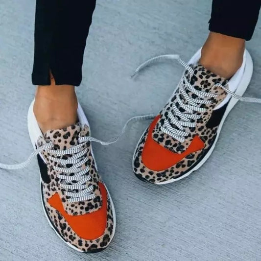 Pumps Female Leopard Print Color Matching Lace Up Casual Sneaker Female.