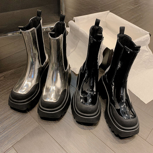 Autumn and Winter Cowhide Silver Platform Martin Boots - Women's High Heel Footwear.