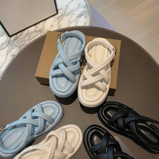 Blue Flat Roman Sandals With Cross Straps