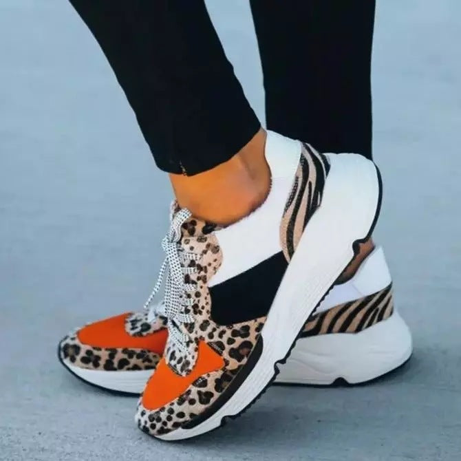 Pumps Female Leopard Print Color Matching Lace Up Casual Sneaker Female.