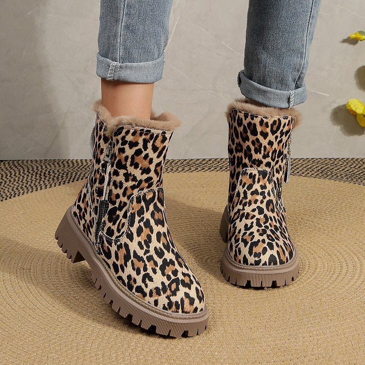 Plus Size Leopard Print Ankle Boots Women Round Toe Woolen Cotton Comfortable Flat - EnigmaParis