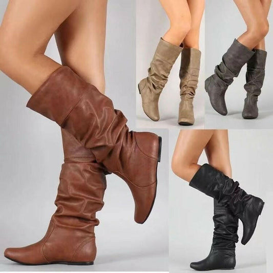 Women's High Cylinder Flat Boots - Round Toe Slip-on Slimming Footwear.
