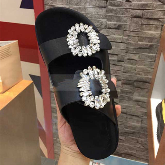 Women's Fashion Leather Rhinestone Square Buckle Flat Sandals