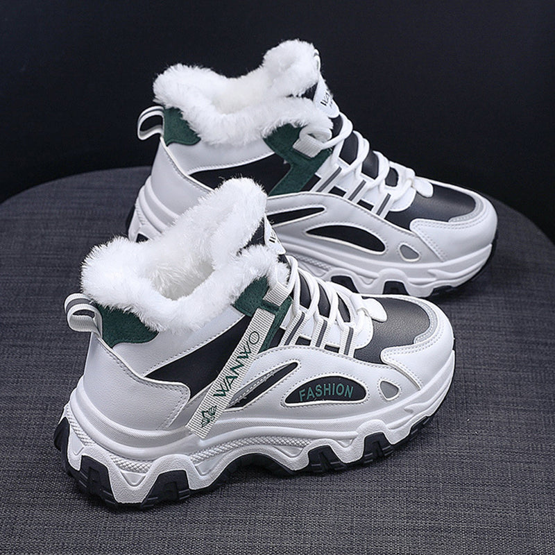 Fashion Black White Lace-up Sneakers Winter Warm All-match Plush Shoes Women Plus Velvet Fleece Flat High-top Sports Shoes - EnigmaParis