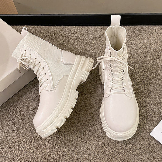 British Style Round Head Lace-up Knitted Mouth Casual Martin Boots Women - EnigmaParis