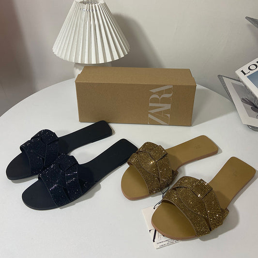 Stylish Rhinestone Flat Sandals: Open Toe, Perfect for Beach Wear - EnigmaParis