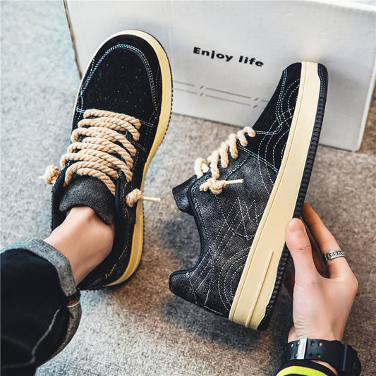 Men's Leisure Denim Board Shoes - Lace-up Flats for Skateboarding