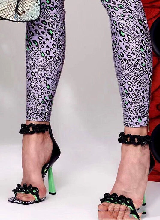 Square Toe Stiletto Chain Buckle Sandals European And American Snake Pattern