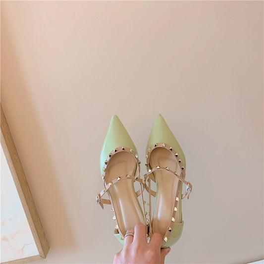 Chic Baotou Fairy Sandals - Fashion Rivets, Summer Flat Patent Leather, Casual Comfort, Green