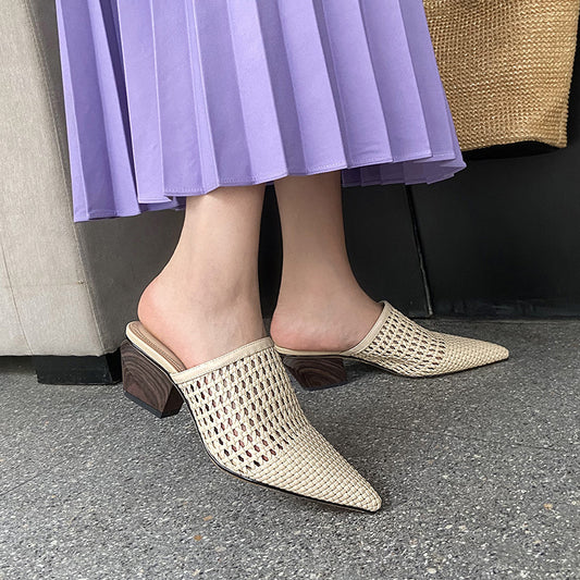 White Hollow Woven Baotou Half Slippers Female Summer Wear Pointed Muller Sandals
