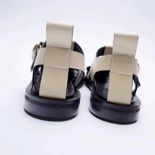 Casual Round Toe Leather Flat Sandals