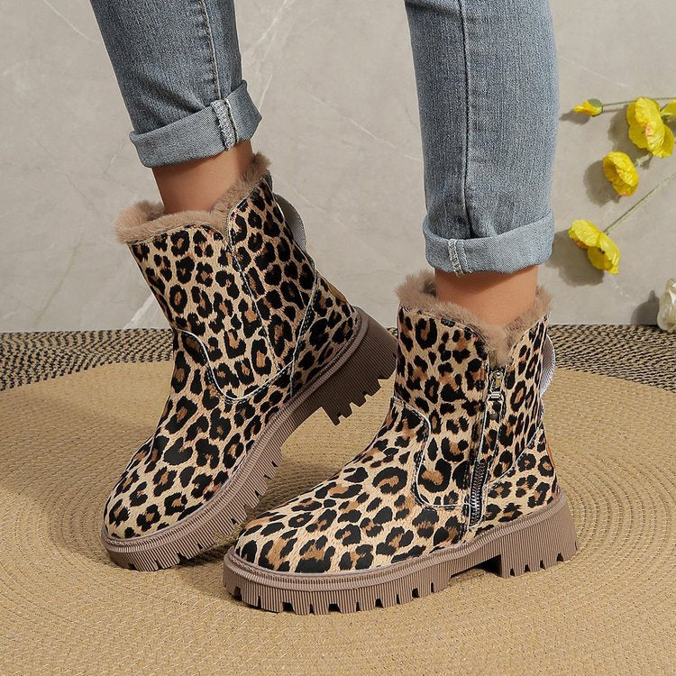 Plus Size Leopard Print Ankle Boots Women Round Toe Woolen Cotton Comfortable Flat - EnigmaParis