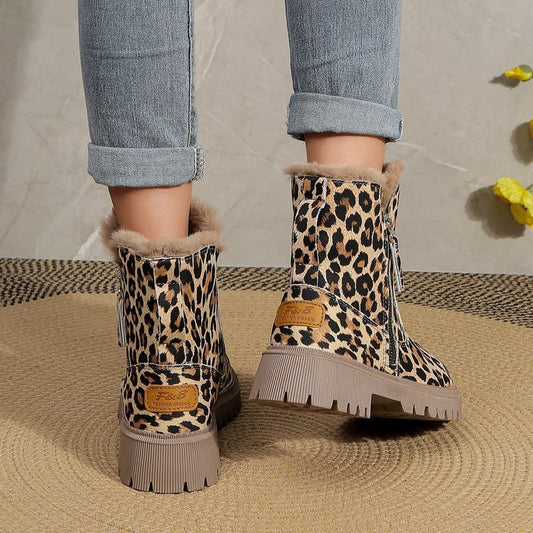 Plus Size Leopard Print Ankle Boots Women Round Toe Woolen Cotton Comfortable Flat - EnigmaParis