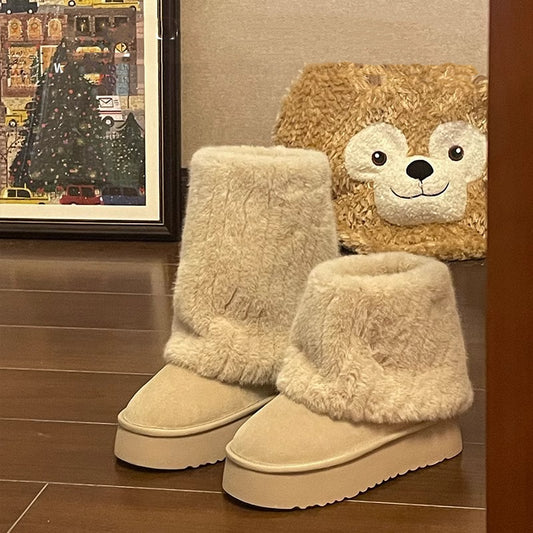 Plush Cute Cream Short Warm Fur Boots Winter Sleeve Platform Height Increasing Shoes - EnigmaParis