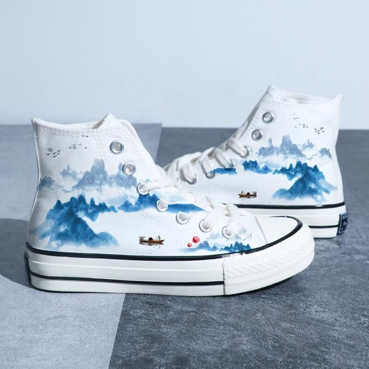 Chinese Style Canvas: Retro Landscape High Top Board Shoes