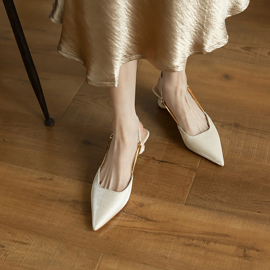 French Satin Temperament Low Heel Toe Sandals