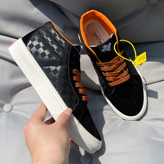 Black Orange Plaid Mid-Top Canvas - Men's Shoes University Style