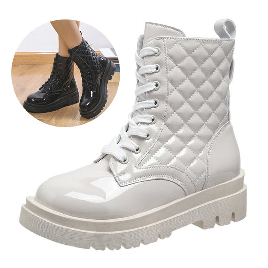 Lace-up Thick-heeled Boots Winter Casual Round Toe Platform Ankle Boots Women Fashion Quilted Pattern Minimalist Motorcycle Shoes - EnigmaParis