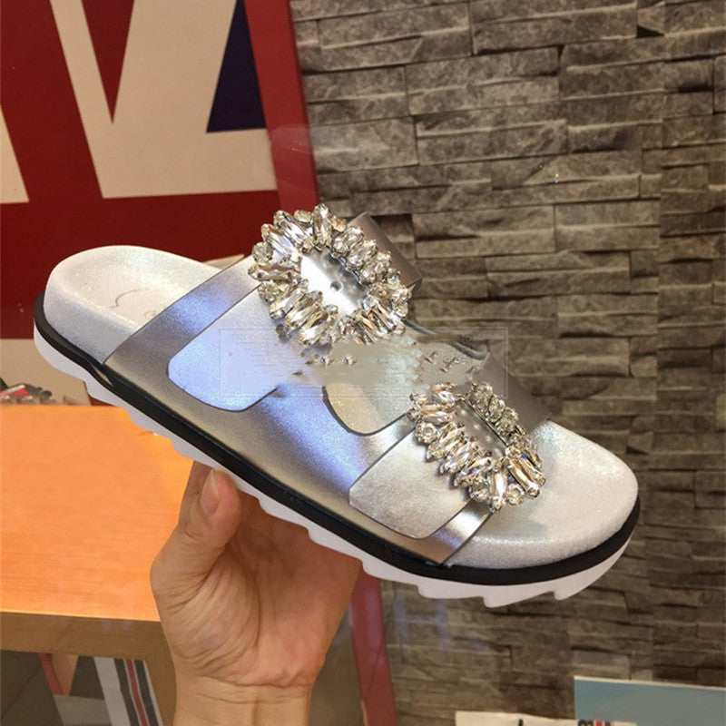 Women's Fashion Leather Rhinestone Square Buckle Flat Sandals
