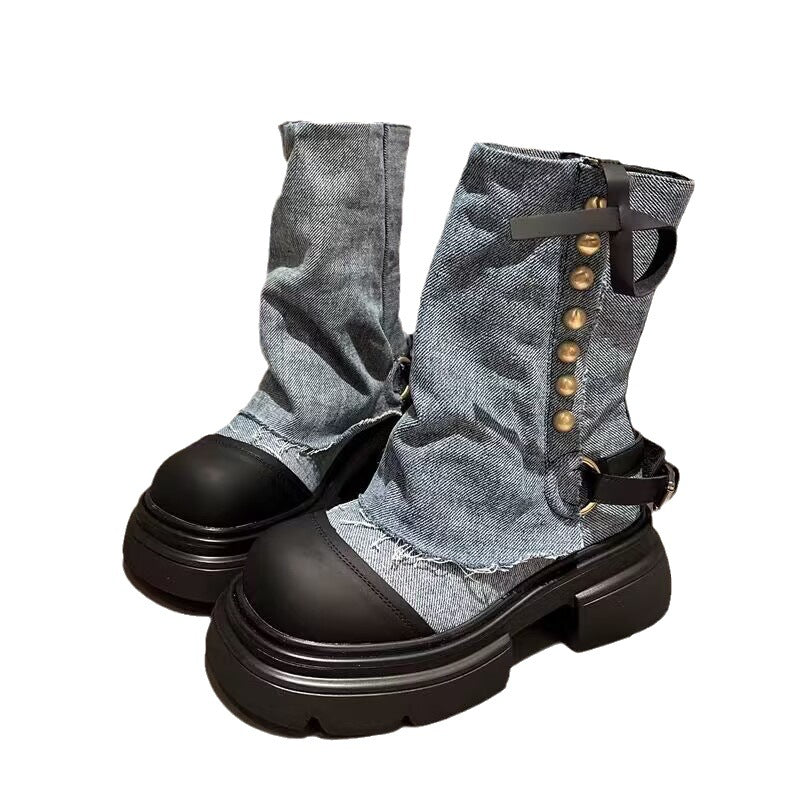 Women's Shoes Denim Metal Buckle Ankle Boots Round Head Thick Bottom Casual - EnigmaParis